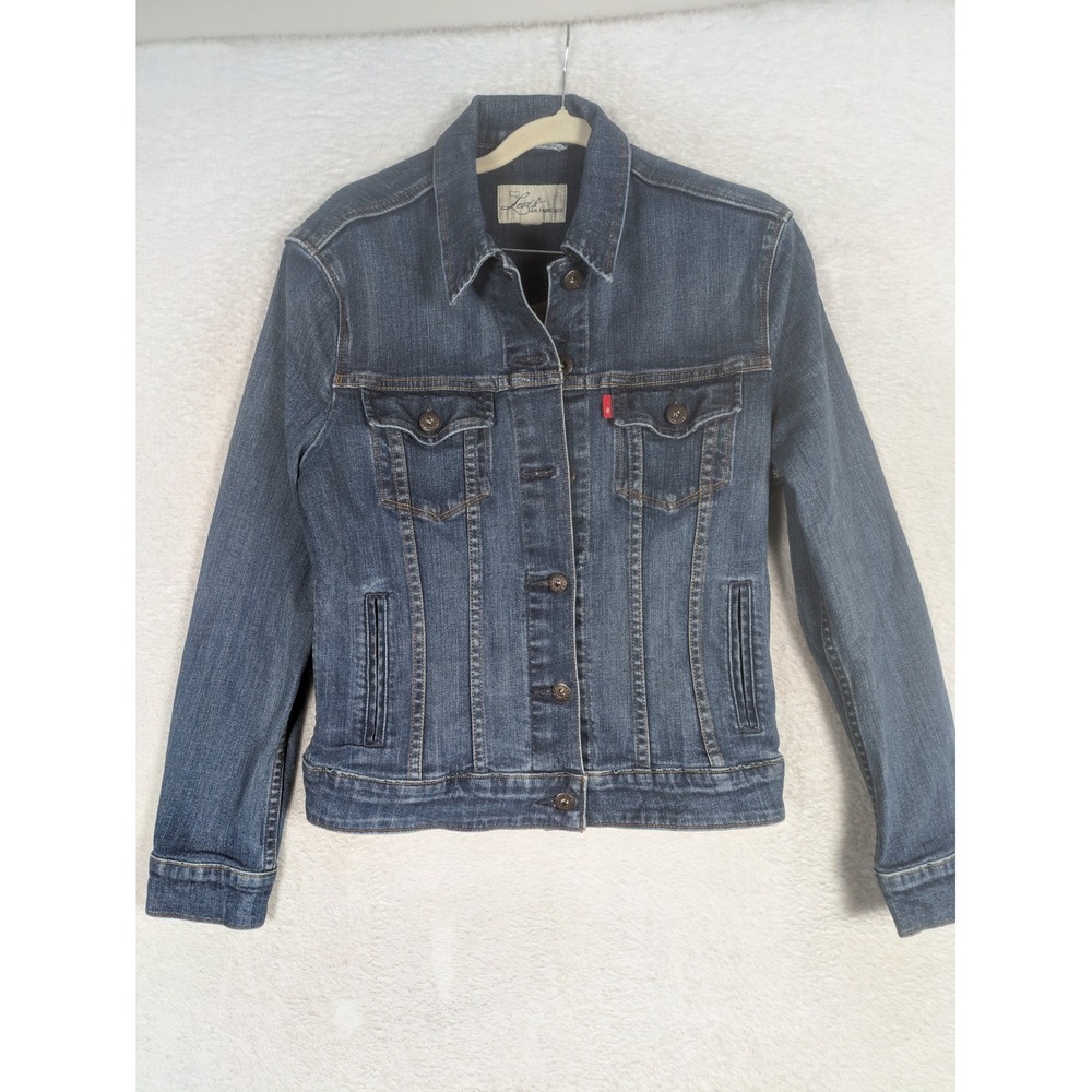 Levi's Trucker Jacket Women's S Blue Dark Wash Button Front Red Tab Pocket